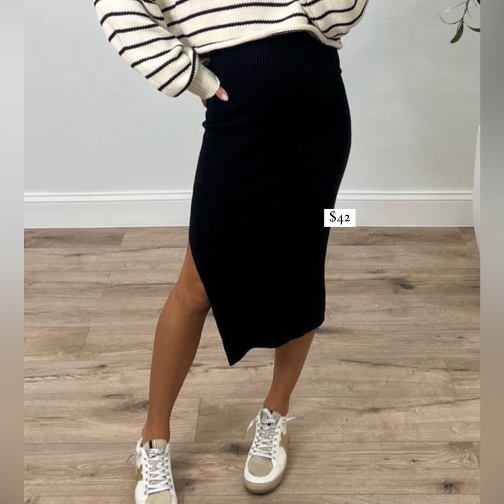 Talulah Black Ribbed Midi Skirt with Side Slit, Size S Small